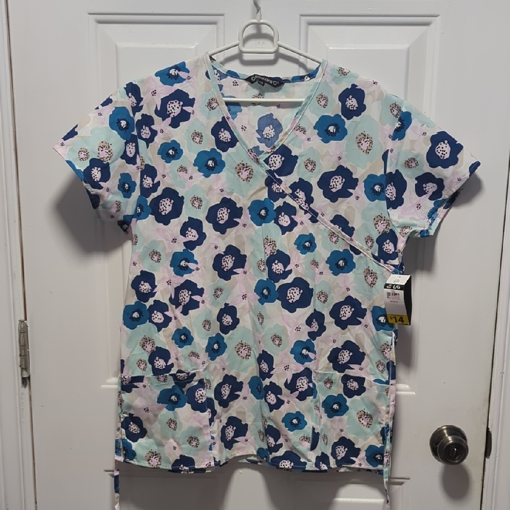 Floral V-Neck Women's Scrub Top - Blue and White
